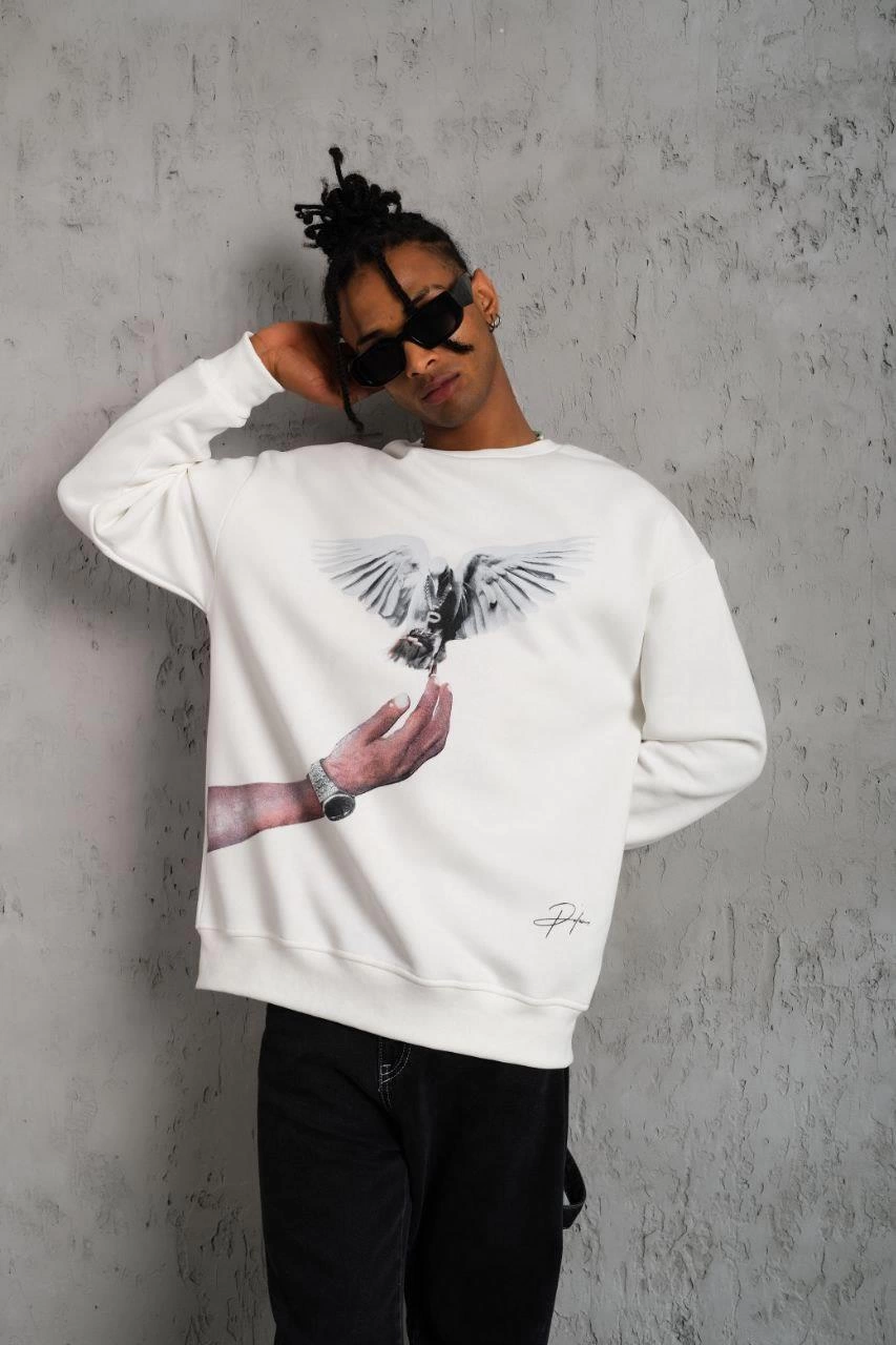 Erkek Güvercin Baskılı  üç iplik pamuklu Sweatshirt - Beyaz