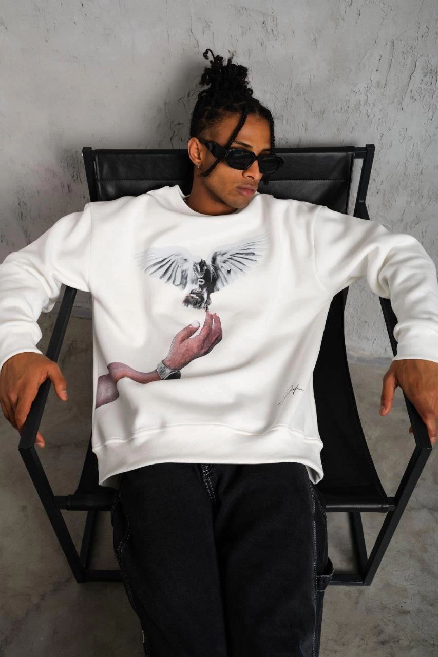Erkek Güvercin Baskılı  üç iplik pamuklu Sweatshirt - Beyaz
