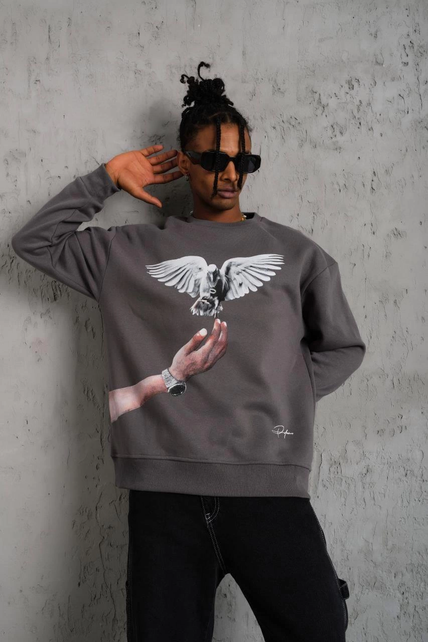Erkek Güvercin Baskılı üç iplik pamuklu  Sweatshirt - Gri
