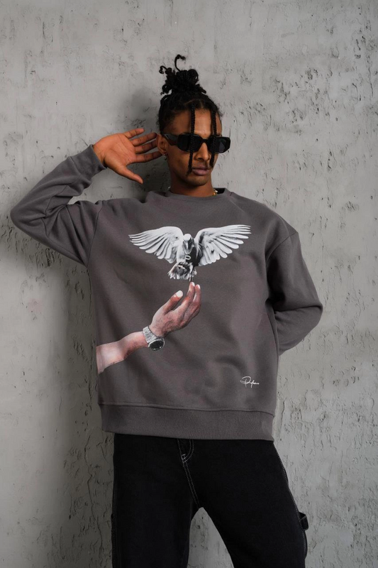 Erkek Güvercin Baskılı üç iplik pamuklu  Sweatshirt - Gri