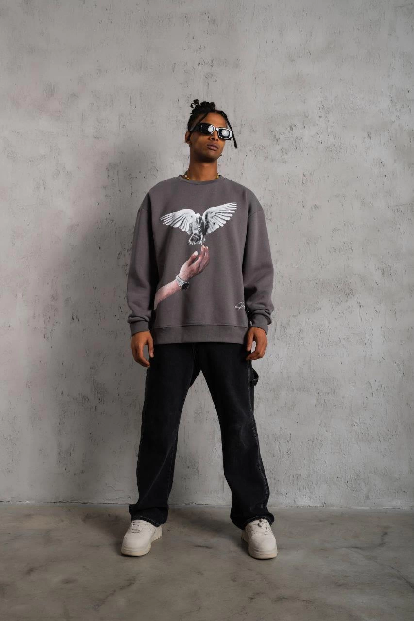 Erkek Güvercin Baskılı üç iplik pamuklu  Sweatshirt - Gri