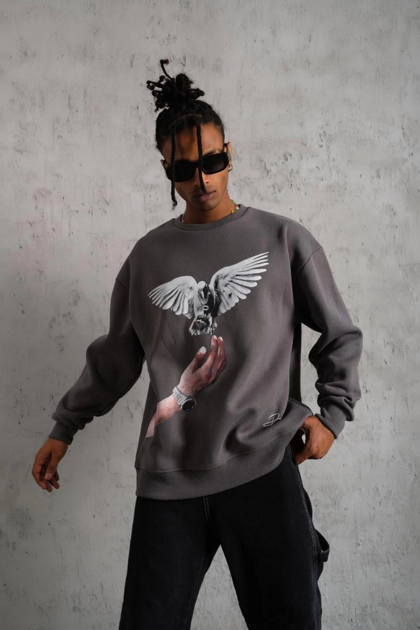 Erkek Güvercin Baskılı üç iplik pamuklu  Sweatshirt - Gri
