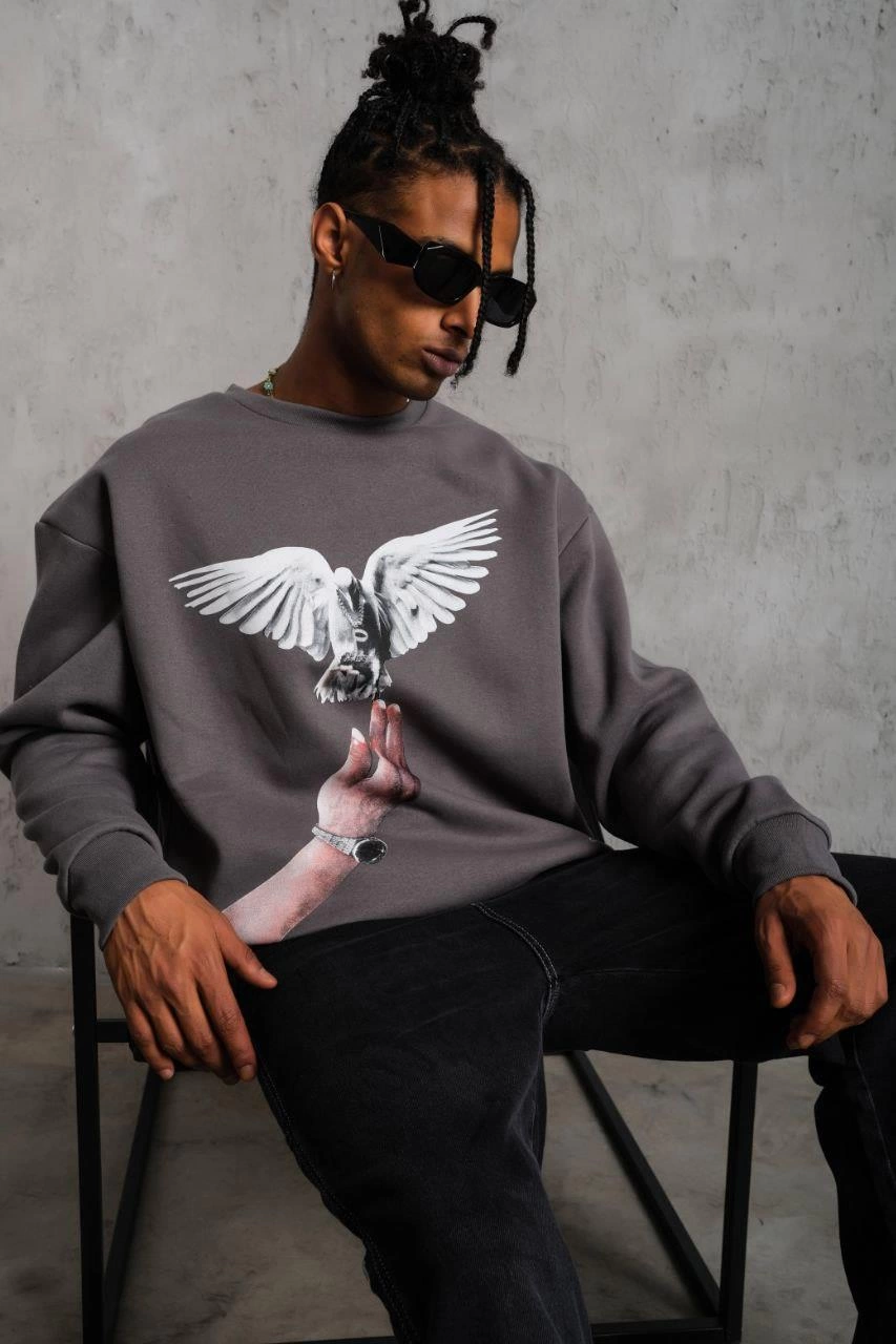 Erkek Güvercin Baskılı üç iplik pamuklu  Sweatshirt - Gri