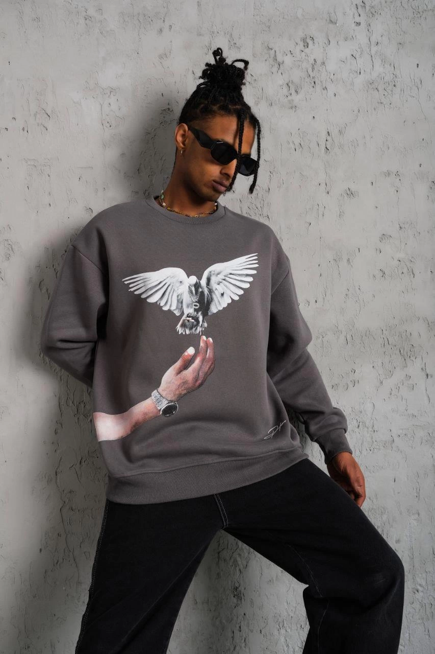 Erkek Güvercin Baskılı üç iplik pamuklu  Sweatshirt - Gri