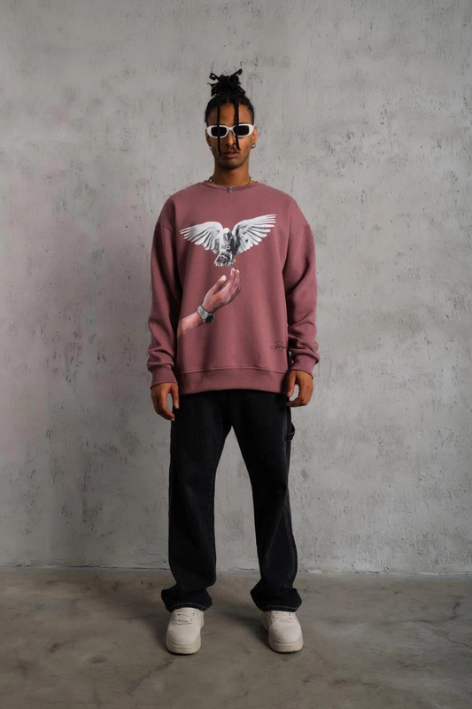 Erkek Güvercin Baskılı Sweatshirt üç iplik pamuklu  - Gül Kurusu