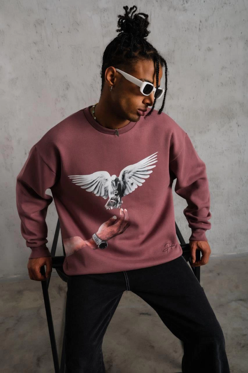 Erkek Güvercin Baskılı Sweatshirt üç iplik pamuklu  - Gül Kurusu