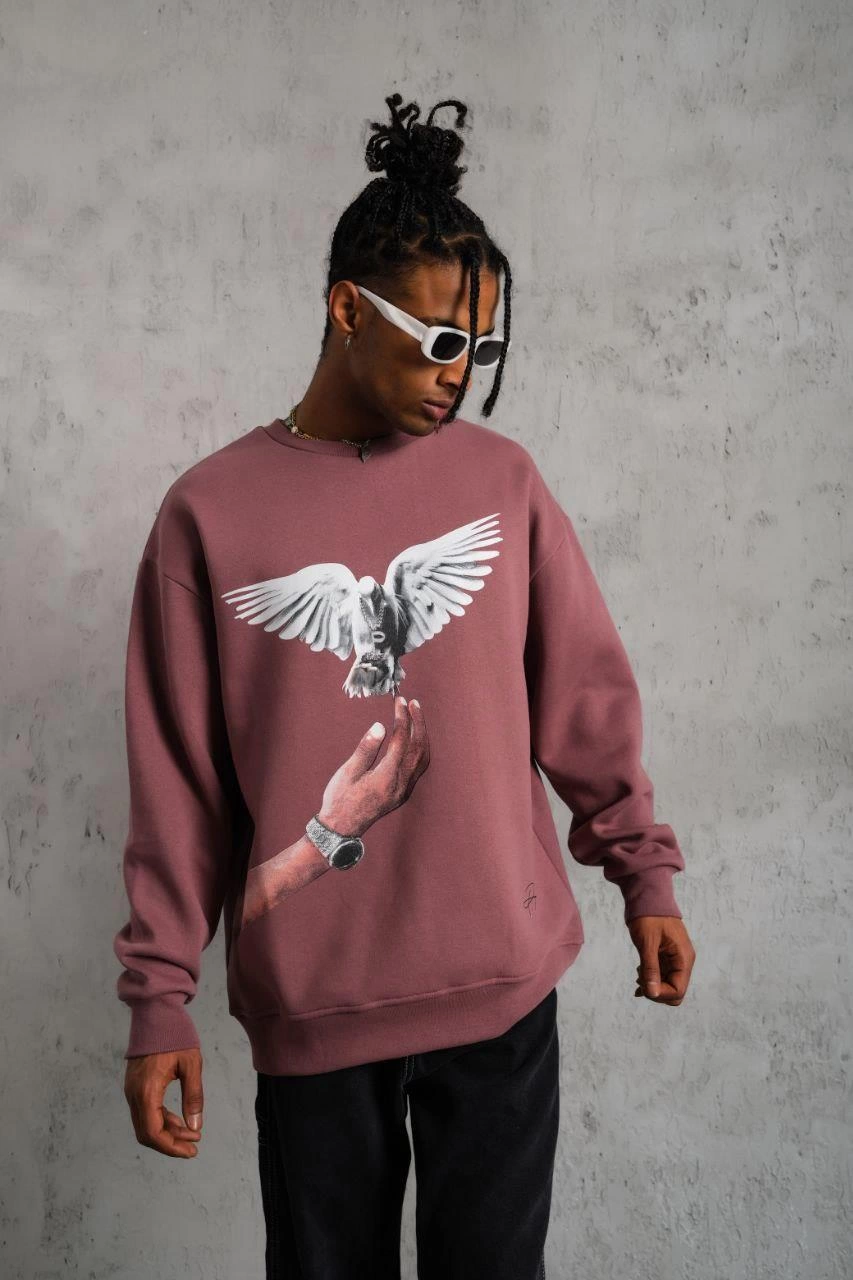 Erkek Güvercin Baskılı Sweatshirt üç iplik pamuklu  - Gül Kurusu