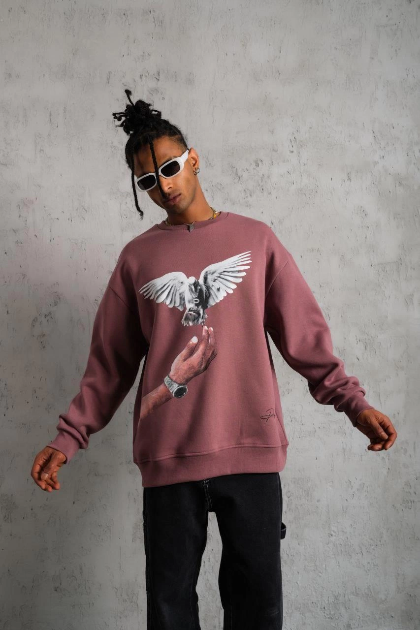 Erkek Güvercin Baskılı Sweatshirt üç iplik pamuklu  - Gül Kurusu