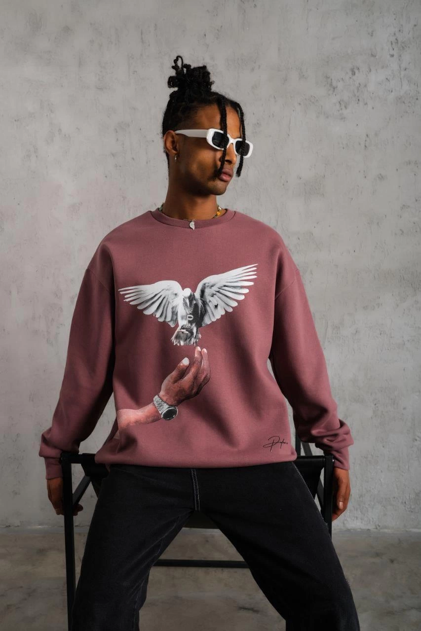 Erkek Güvercin Baskılı Sweatshirt üç iplik pamuklu  - Gül Kurusu