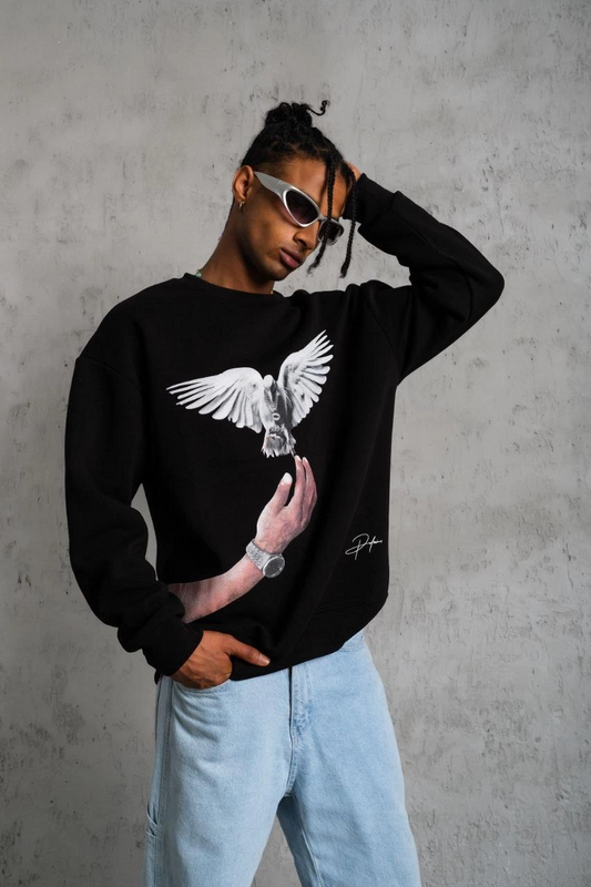 Erkek Güvercin Baskılı üç iplik pamuklu Sweatshirt - Siyah