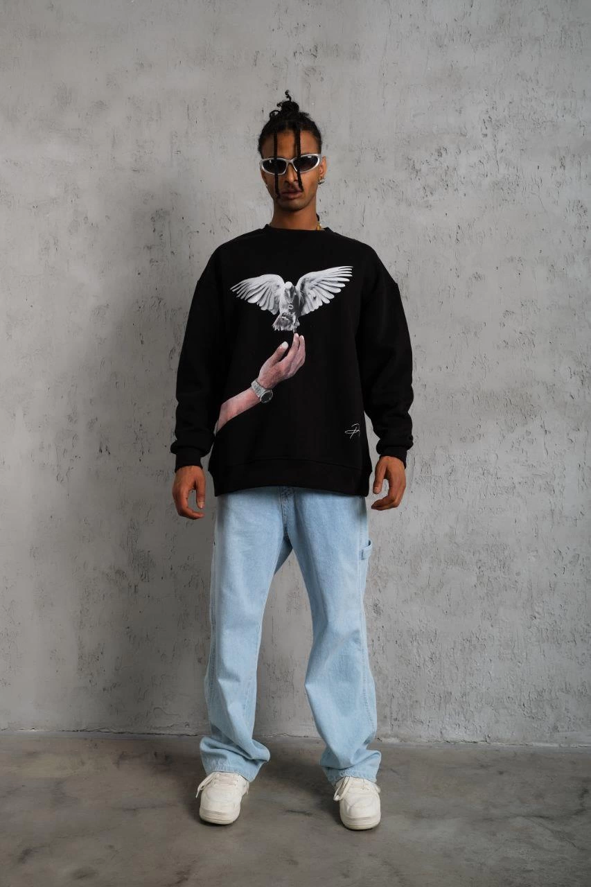 Erkek Güvercin Baskılı üç iplik pamuklu Sweatshirt - Siyah