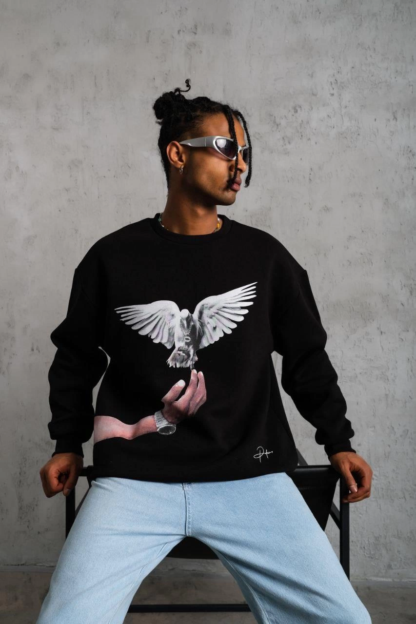 Erkek Güvercin Baskılı üç iplik pamuklu Sweatshirt - Siyah