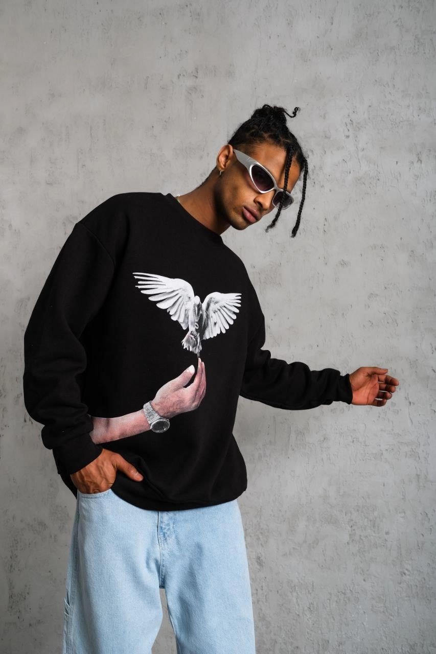 Erkek Güvercin Baskılı üç iplik pamuklu Sweatshirt - Siyah