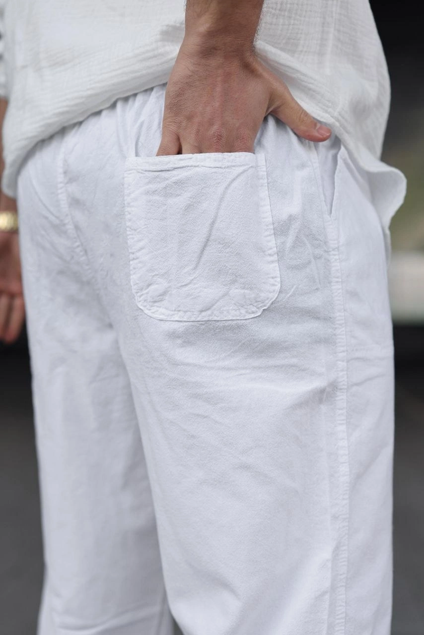 Erkek Ham Keten Beli Lastikli Cepli Regular Fit Boru Paça Pantolon - Beyaz