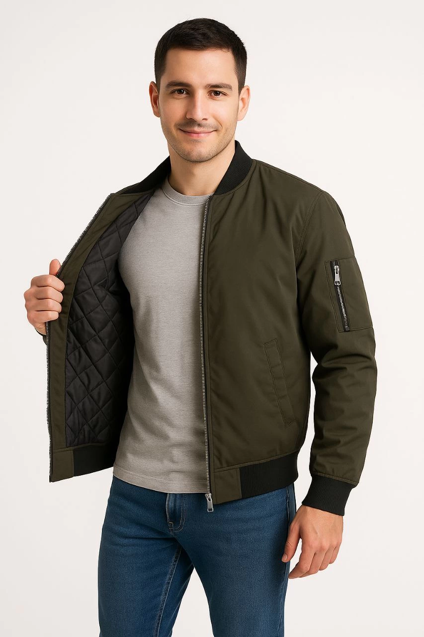 Erkek Bomber Mont Ceket Fermuarlı Kapitone İçi Astarlı Su İtici Regular Fit Uzun - Haki