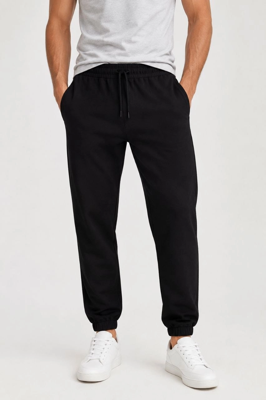 Erkek İki İplik Beli Lastikli Bağcıklı Regular Fit Jogger Eşofman Altı - Siyah