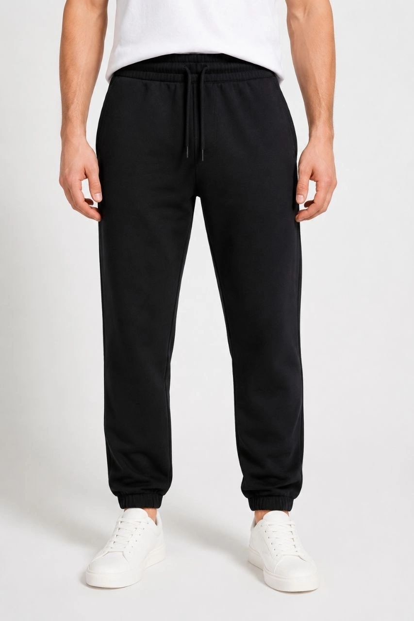 Erkek İki İplik Beli Lastikli Bağcıklı Regular Fit Jogger Eşofman Altı - Siyah