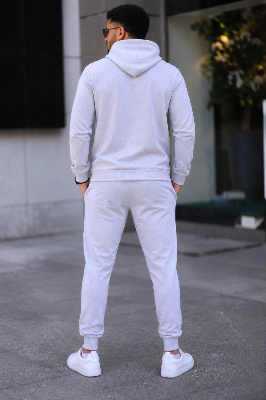 Erkek İki İplik Kapüşonlu Kanguru Cepli Sweatshirt Jogger Pantolon Alt Üst Eşofman Takımı -Beyaz