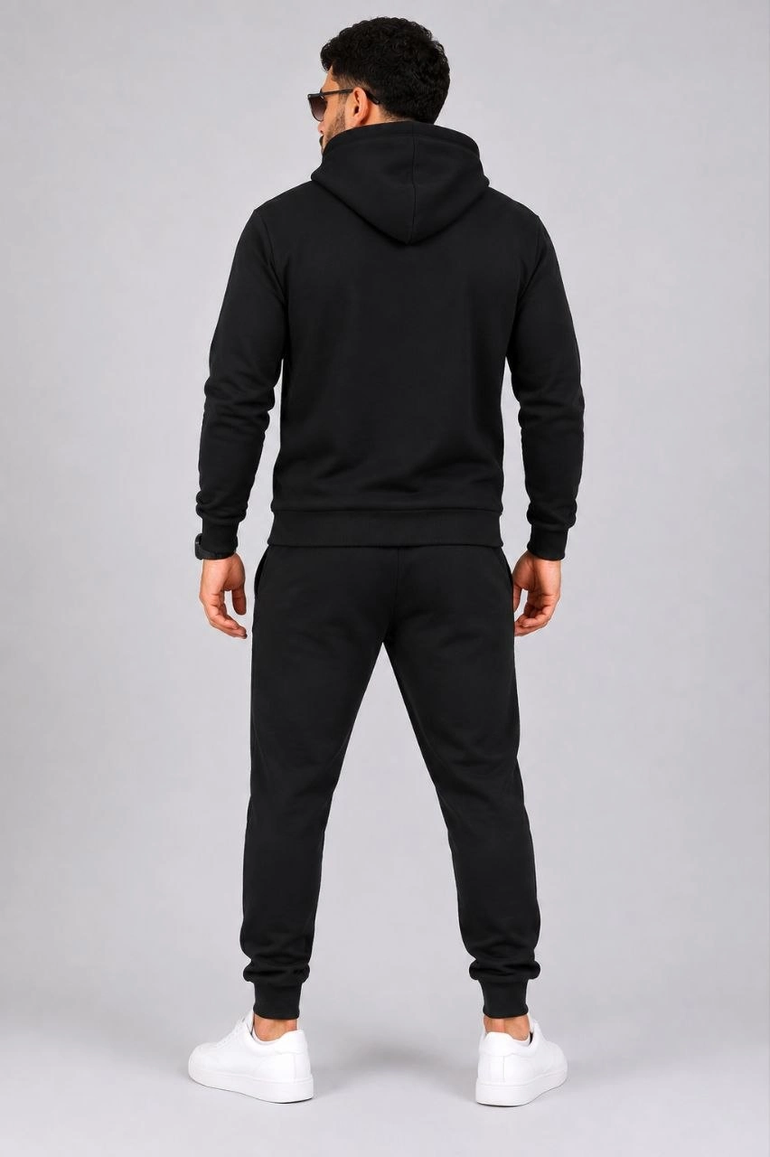 Erkek İki İplik Kapüşonlu Kanguru Cepli Sweatshirt Jogger Pantolon Alt Üst Eşofman Takımı -Siyah
