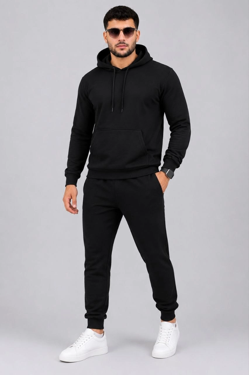 Erkek İki İplik Kapüşonlu Kanguru Cepli Sweatshirt Jogger Pantolon Alt Üst Eşofman Takımı -Siyah