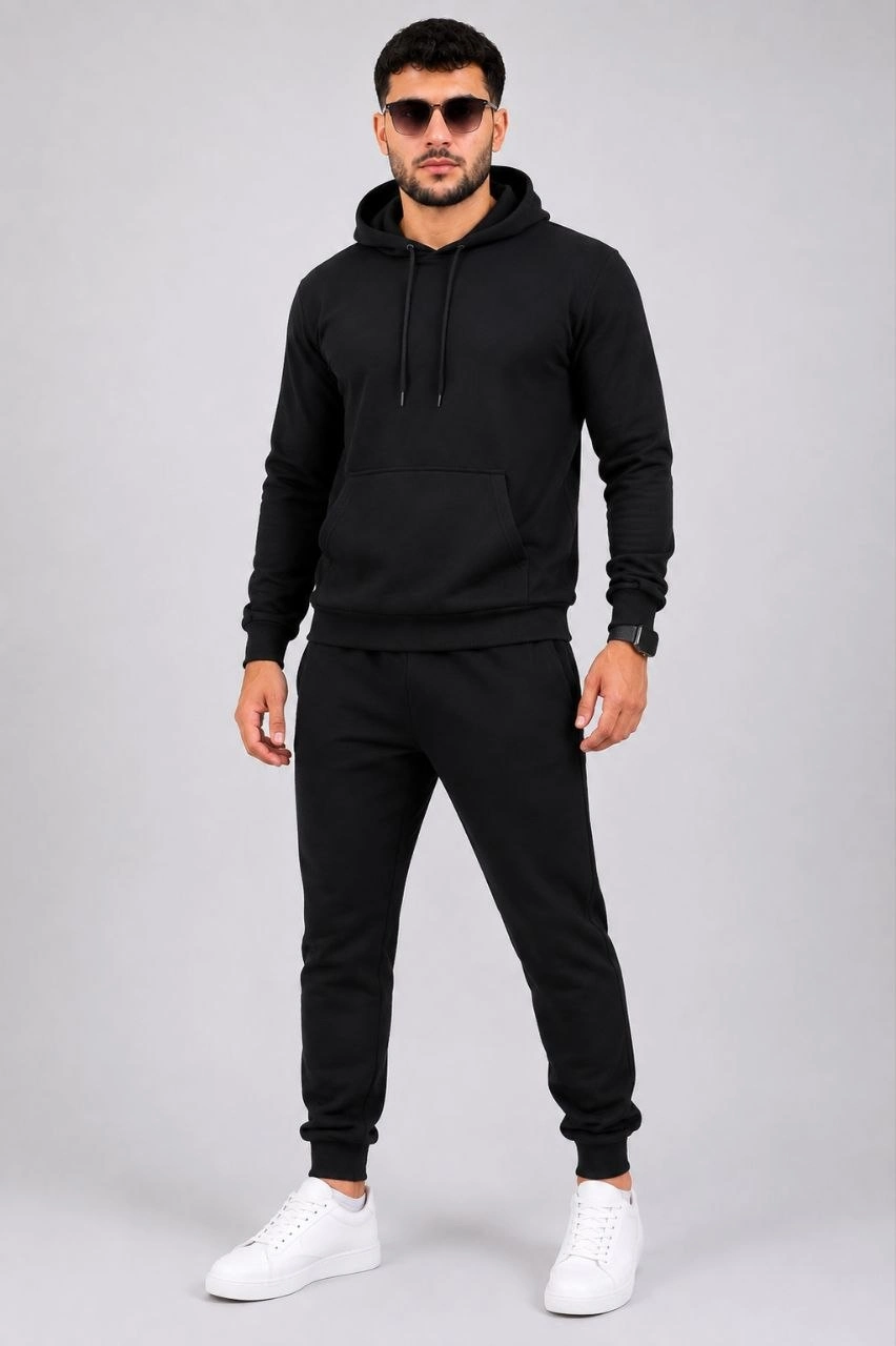 Erkek İki İplik Kapüşonlu Kanguru Cepli Sweatshirt Jogger Pantolon Alt Üst Eşofman Takımı -Siyah