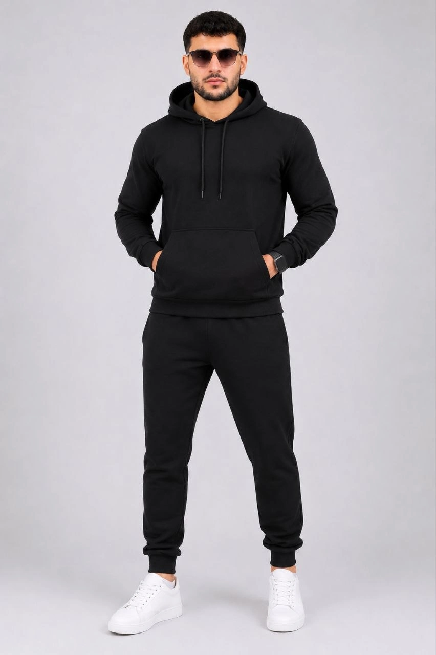 Erkek İki İplik Kapüşonlu Kanguru Cepli Sweatshirt Jogger Pantolon Alt Üst Eşofman Takımı -Siyah