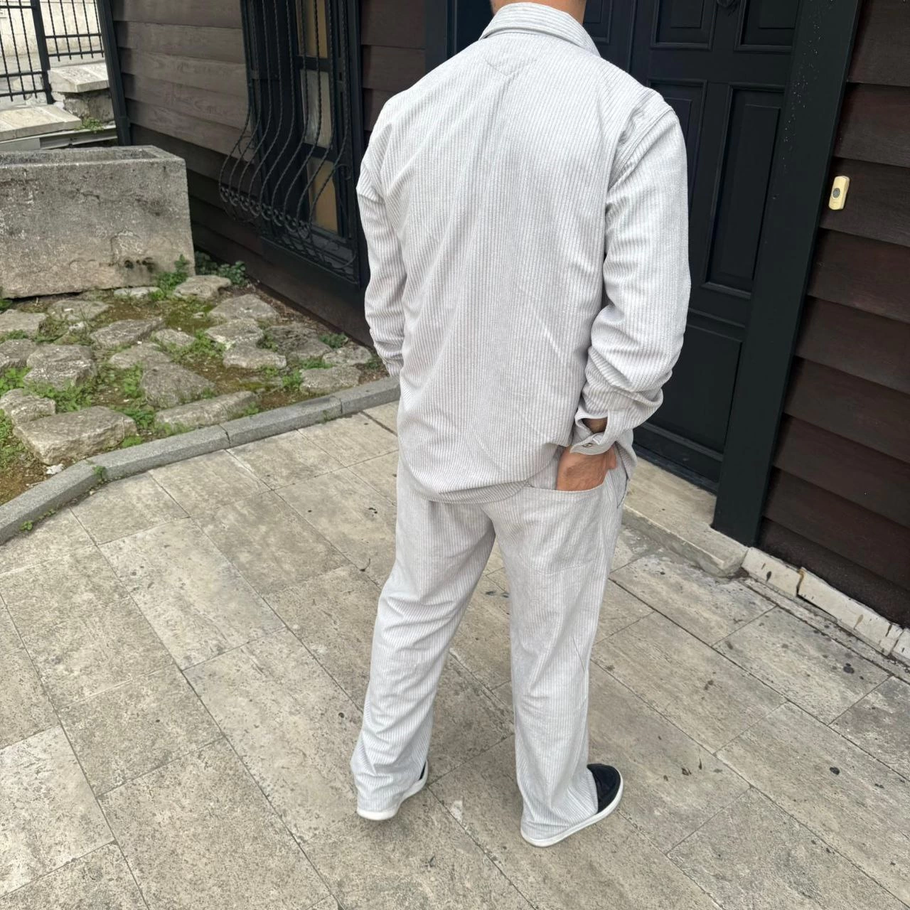 Erkek Kadife Oversize Takım Gömlek Pantolon İkili Set - Gri