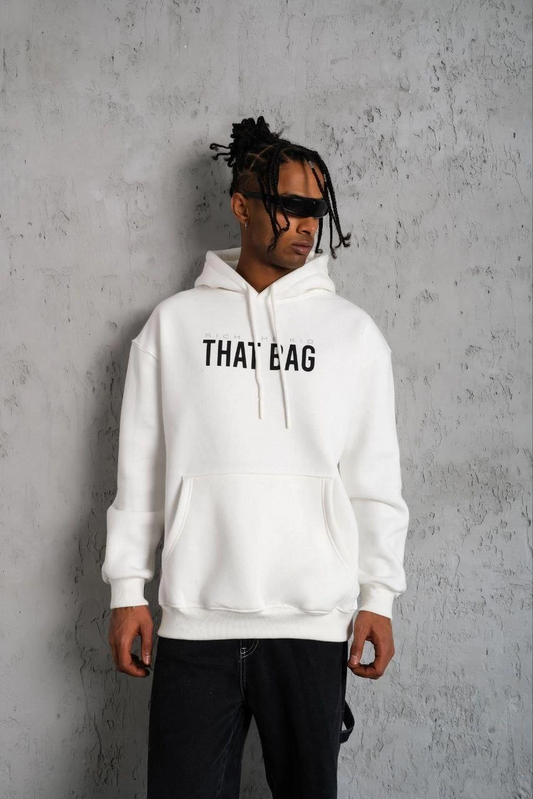 Erkek Kanguru Cep Baskılı Kapüşonlu  üç iplik pamuklu Sweatshirt - Beyaz