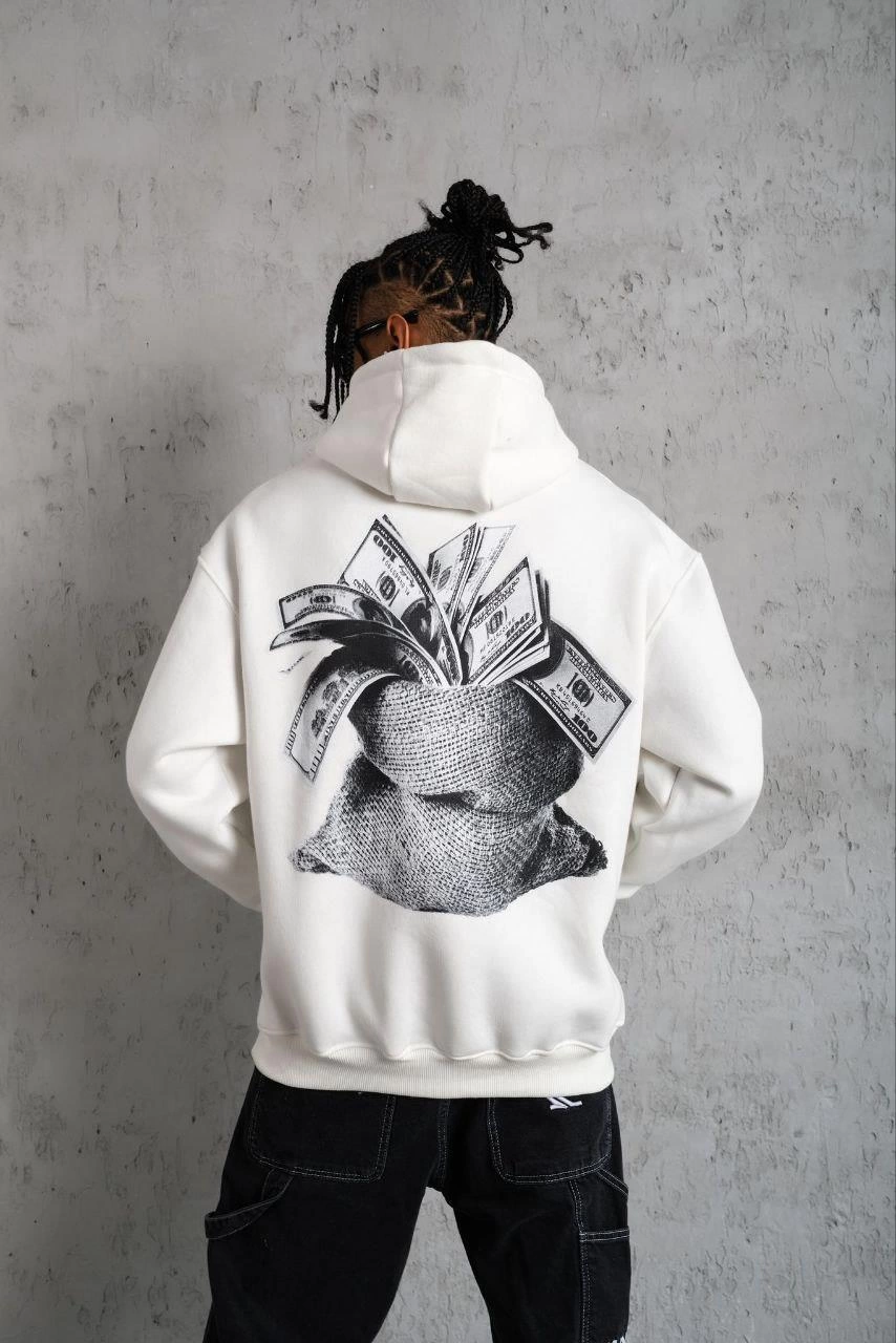 Erkek Kanguru Cep Baskılı Kapüşonlu  üç iplik pamuklu Sweatshirt - Beyaz