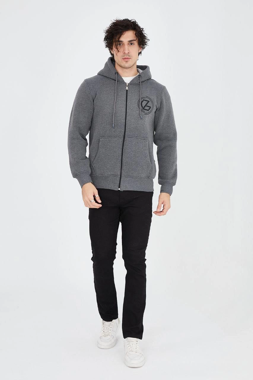 Erkek 3 İplik Pamuklu Fermuarlı Kapüşonlu Kanguru Cepli Baskılı Hoodie Hırka Sweatshirt - Füme