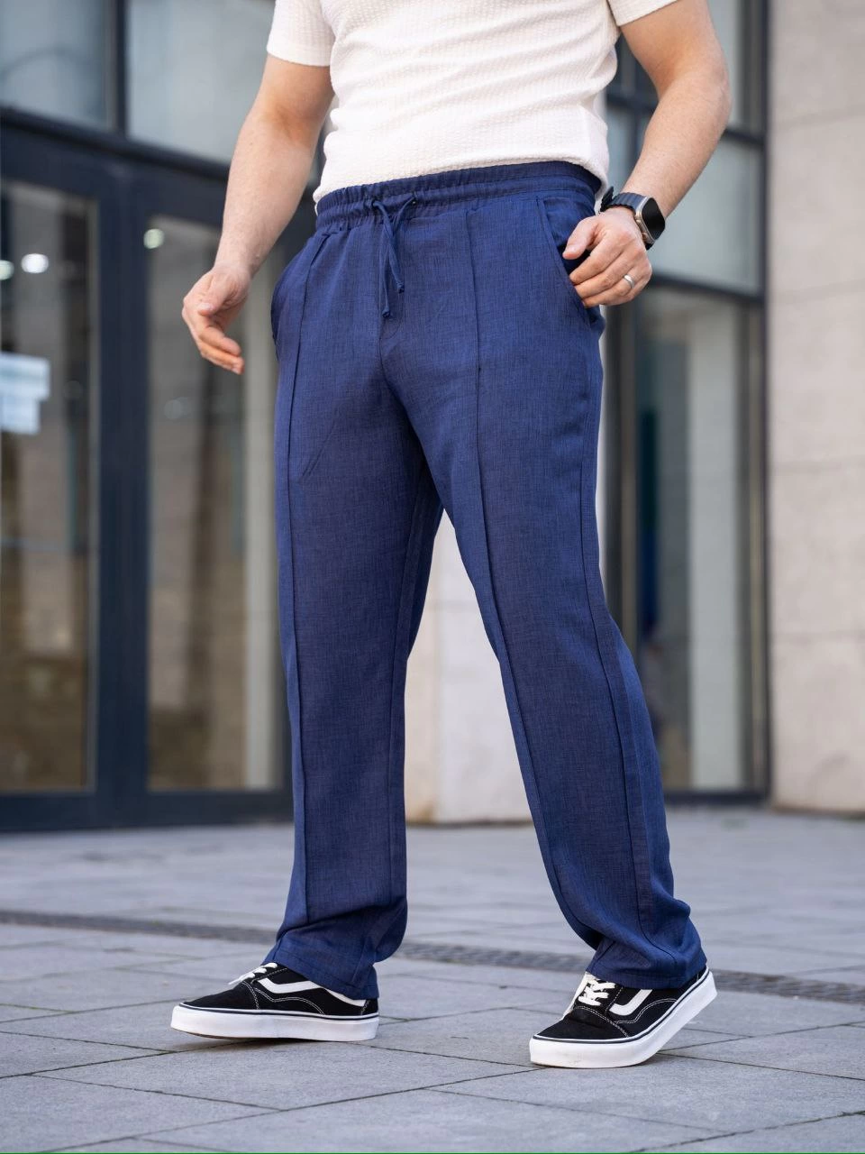 Erkek Keten Cepli Çıma Dikişli jogger Buggy Pantalon Rahat kalıp - Lacivert