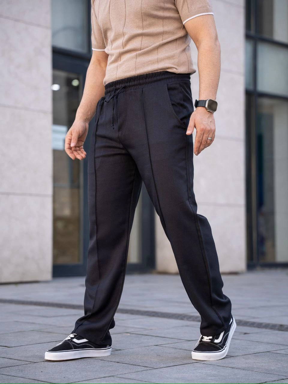 Erkek Keten Cepli Çıma Dikişli jogger Buggy Pantalon Rahat kalıp - Siyah