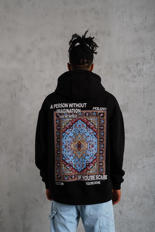 Erkek Kilim Desen  üç iplik pamuklu Kapüşonlu - Siyah