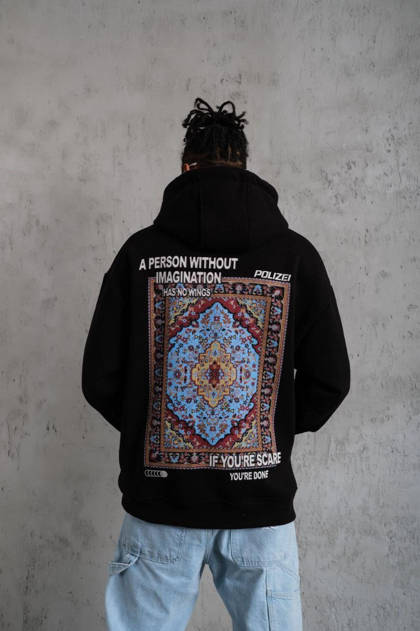Erkek Kilim Desen  üç iplik pamuklu Kapüşonlu - Siyah