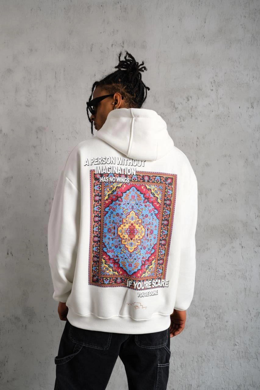 Erkek 3 İplik Pamuklu Kapüşonlu Baskılı Cepli Oversize Sweatshirt Hoodie - Beyaz