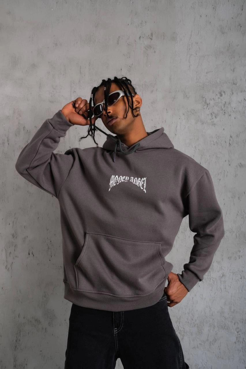 Erkek Kordon İpli Baskılı Kapüşonlu üç iplik pamuklu  Sweatshirt - Füme