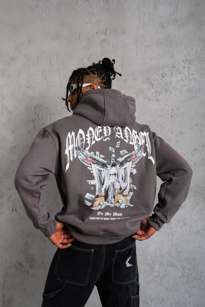 Erkek Kordon İpli Baskılı Kapüşonlu üç iplik pamuklu  Sweatshirt - Füme