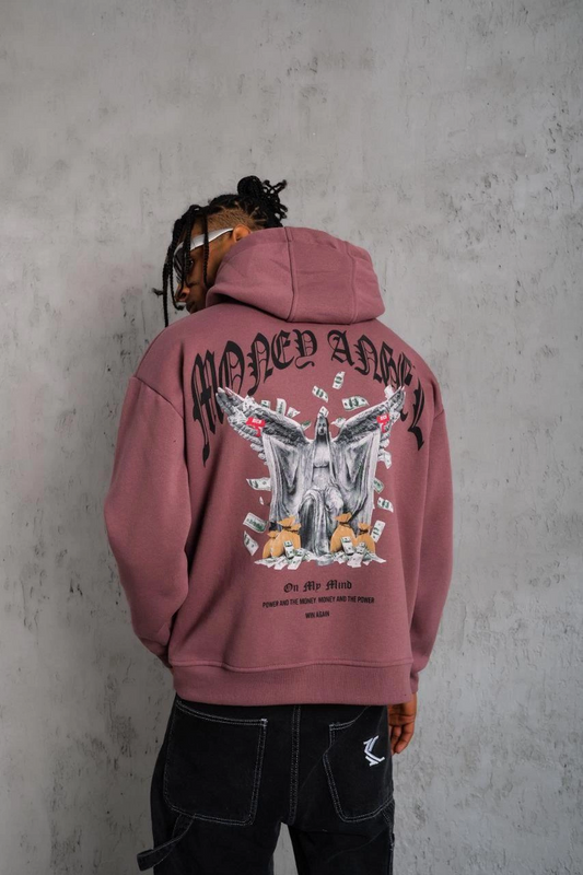 Erkek Kordon İpli Baskılı Kapüşonlu üç iplik pamuklu  Sweatshirt - Gül Kurusu