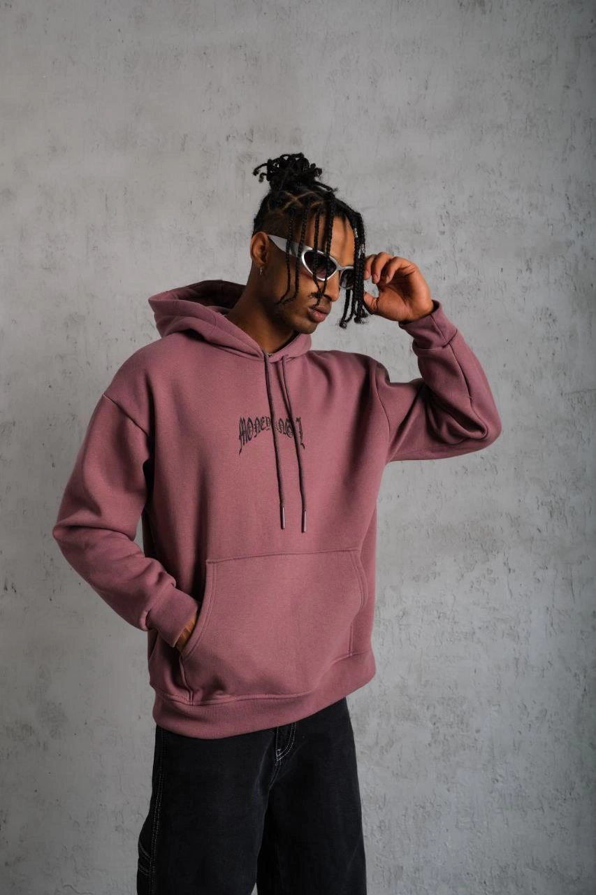 Erkek Kordon İpli Baskılı Kapüşonlu üç iplik pamuklu  Sweatshirt - Gül Kurusu