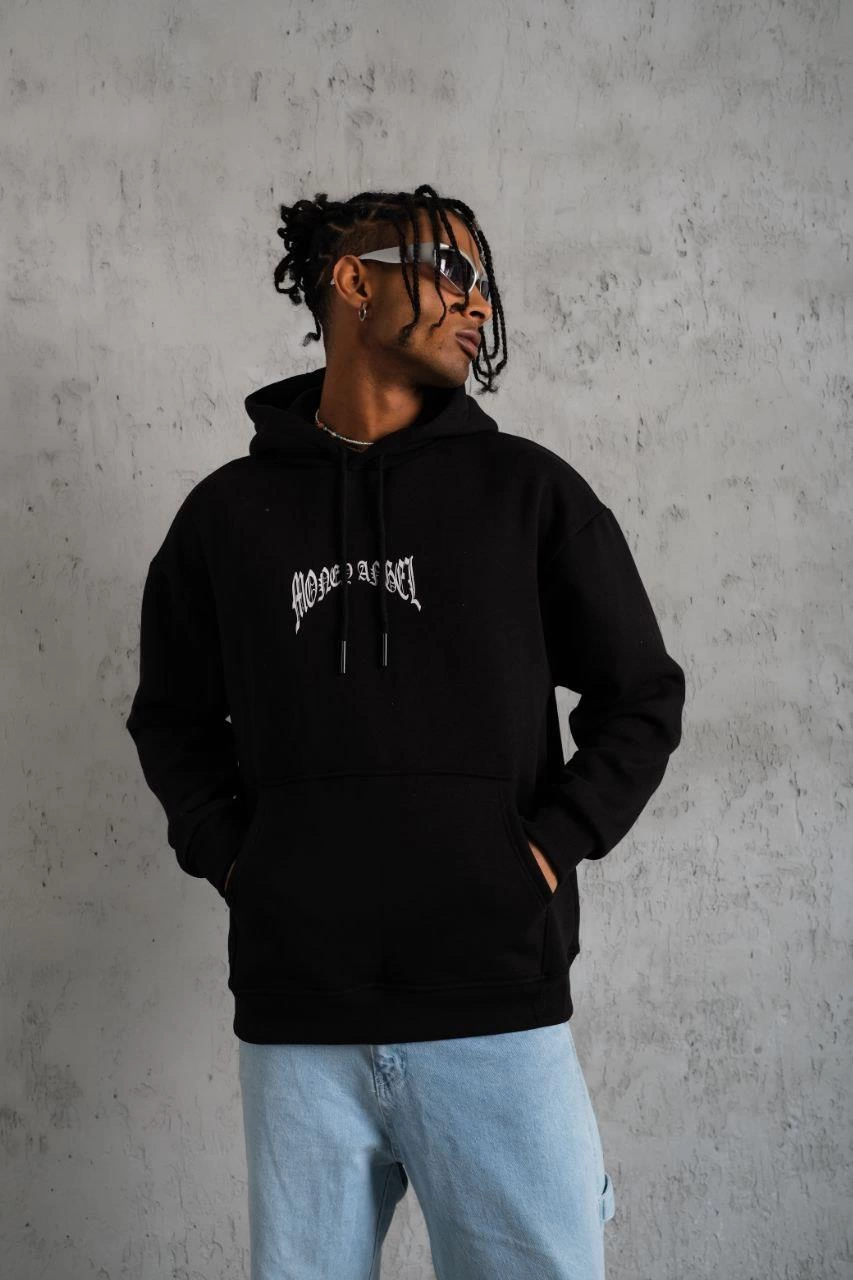 Erkek Kordon İpli Baskılı Kapüşonlu üç iplik pamuklu  Sweatshirt - Siyah