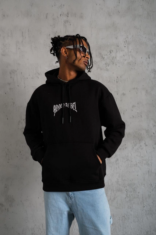 Erkek Kordon İpli Baskılı Kapüşonlu üç iplik pamuklu  Sweatshirt - Siyah