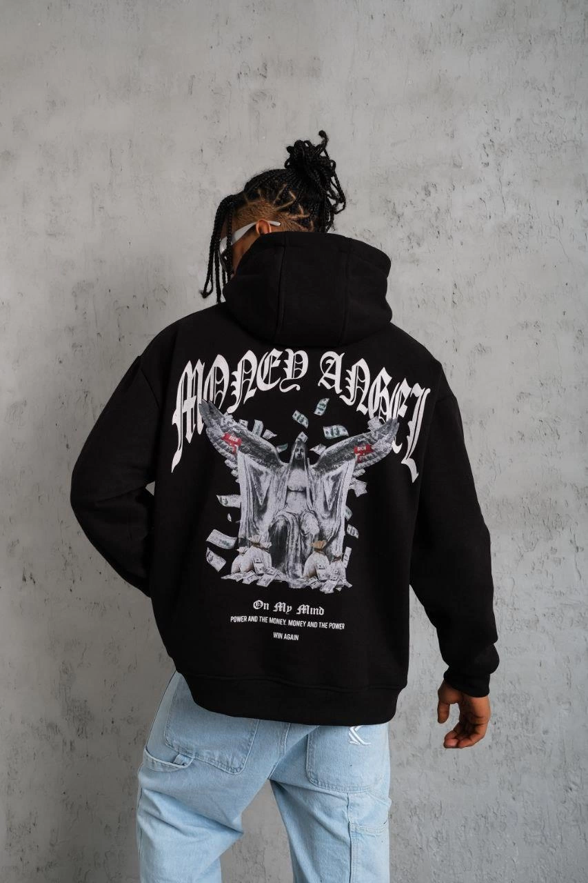 Erkek Kordon İpli Baskılı Kapüşonlu üç iplik pamuklu  Sweatshirt - Siyah