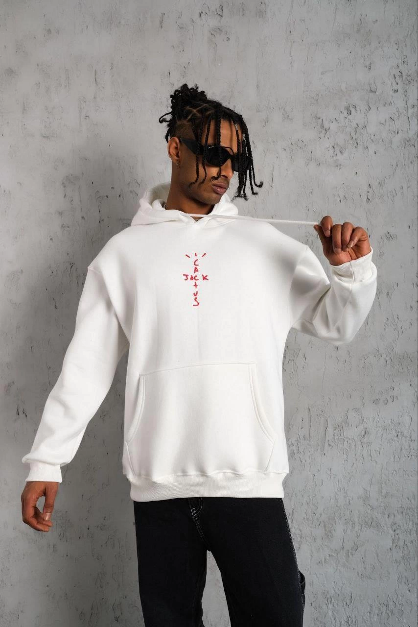 Erkek Kordonlu Arka Maske Kordon Saçlı Kapüşonlu sweatshirt  - Beyaz