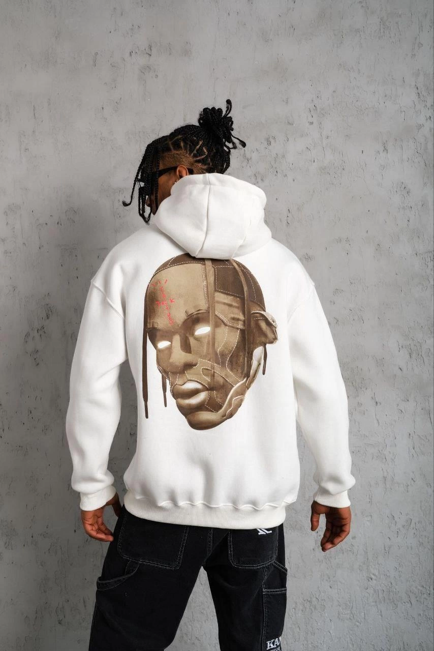 Erkek Kordonlu Arka Maske Kordon Saçlı Kapüşonlu sweatshirt  - Beyaz
