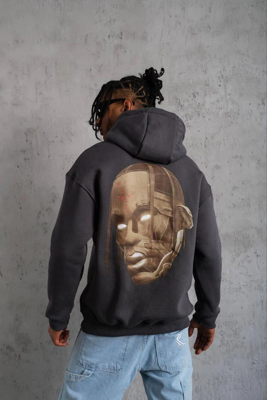 Erkek Kordonlu Arka Maske Kordon Saçlı üç iplik pamuklu Kapüşonlu sweatshirt - Füme