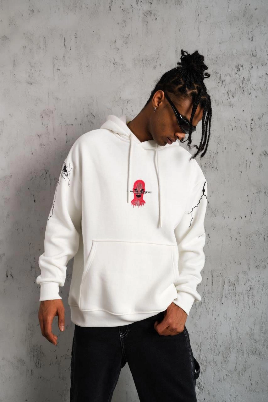 Erkek Oversize Üç İplik Kapüşonlu Sweatshirt  - Beyaz