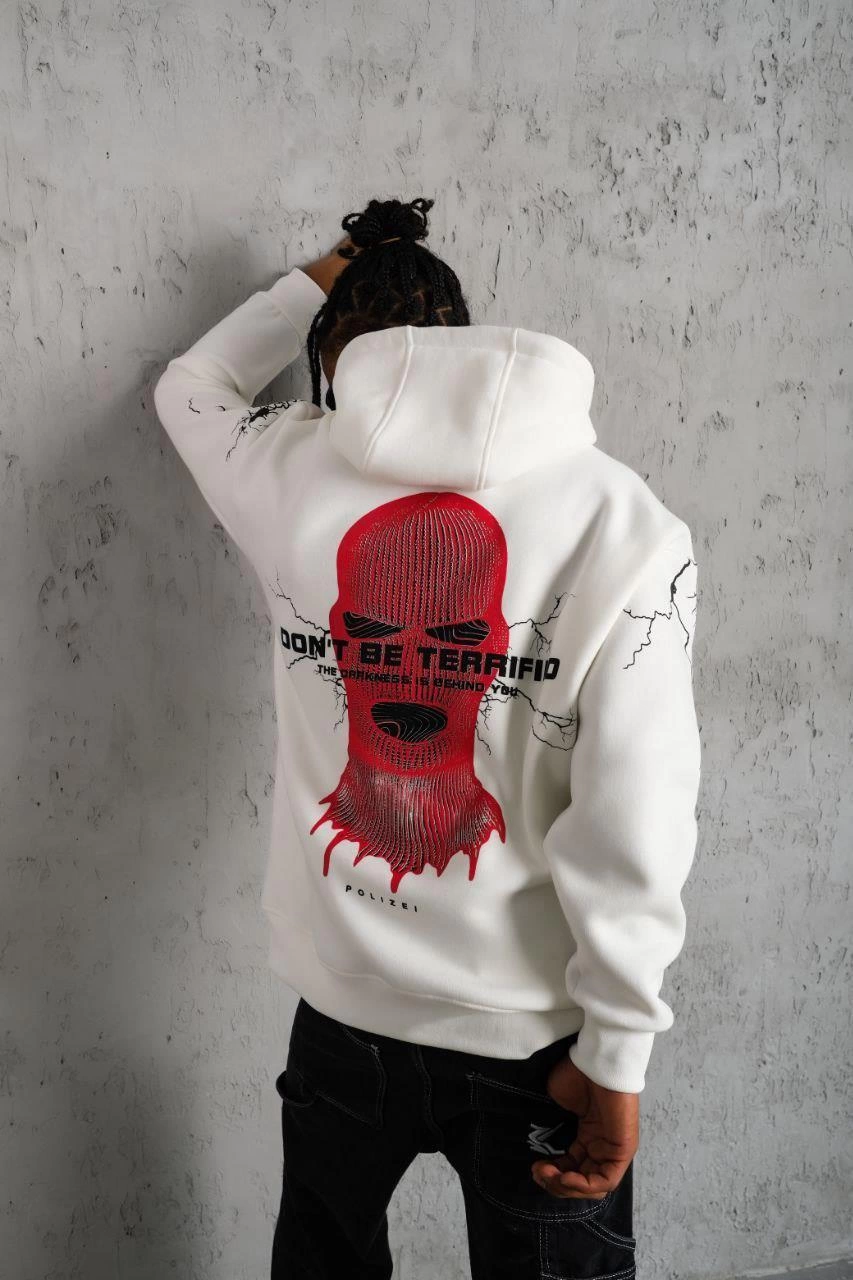 Erkek Oversize Üç İplik Kapüşonlu Sweatshirt  - Beyaz