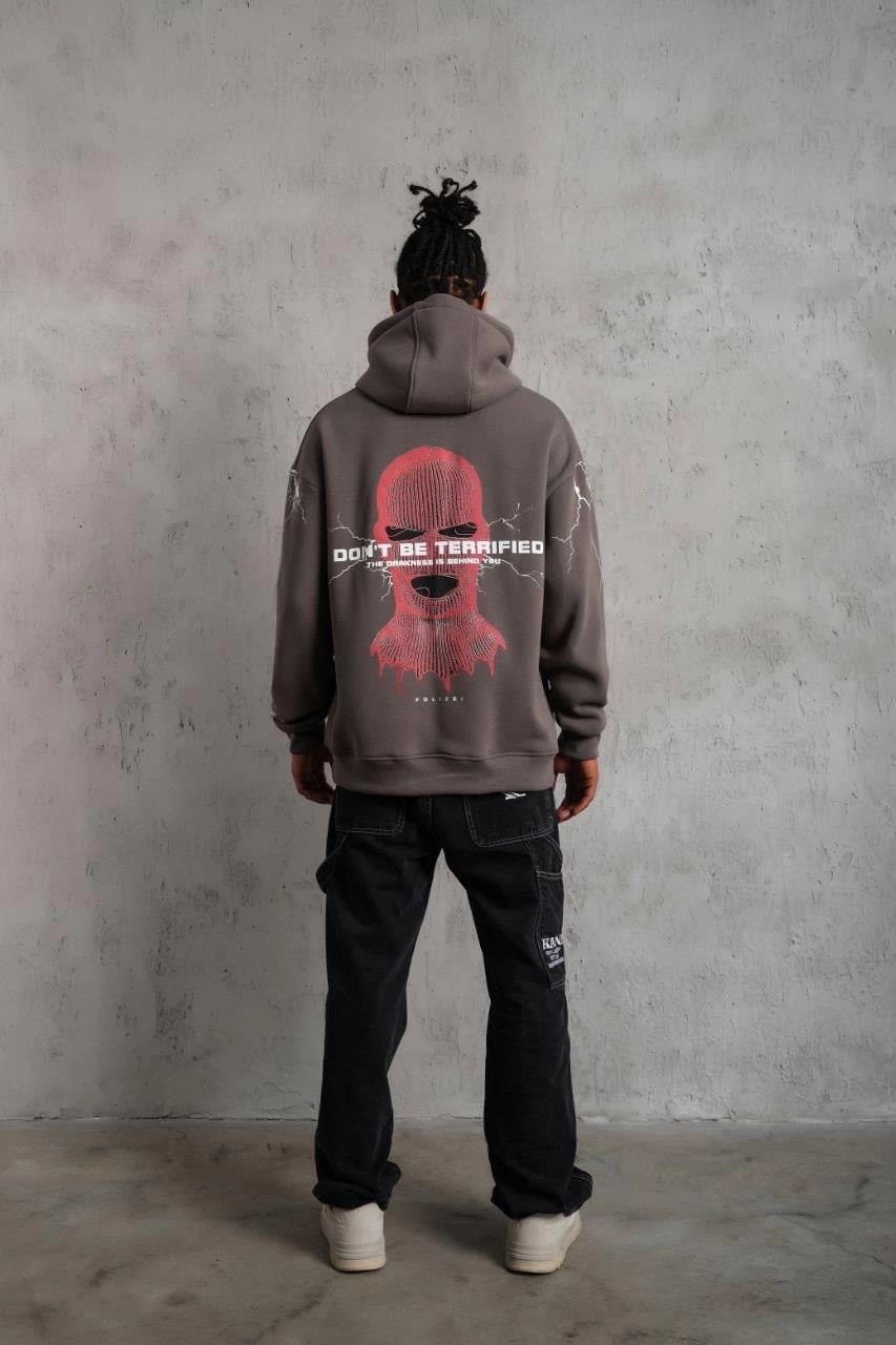 Erkek 3 İplik Pamuklu Kapüşonlu Baskılı Cepli Oversize Sweatshirt Hoodie - Gri