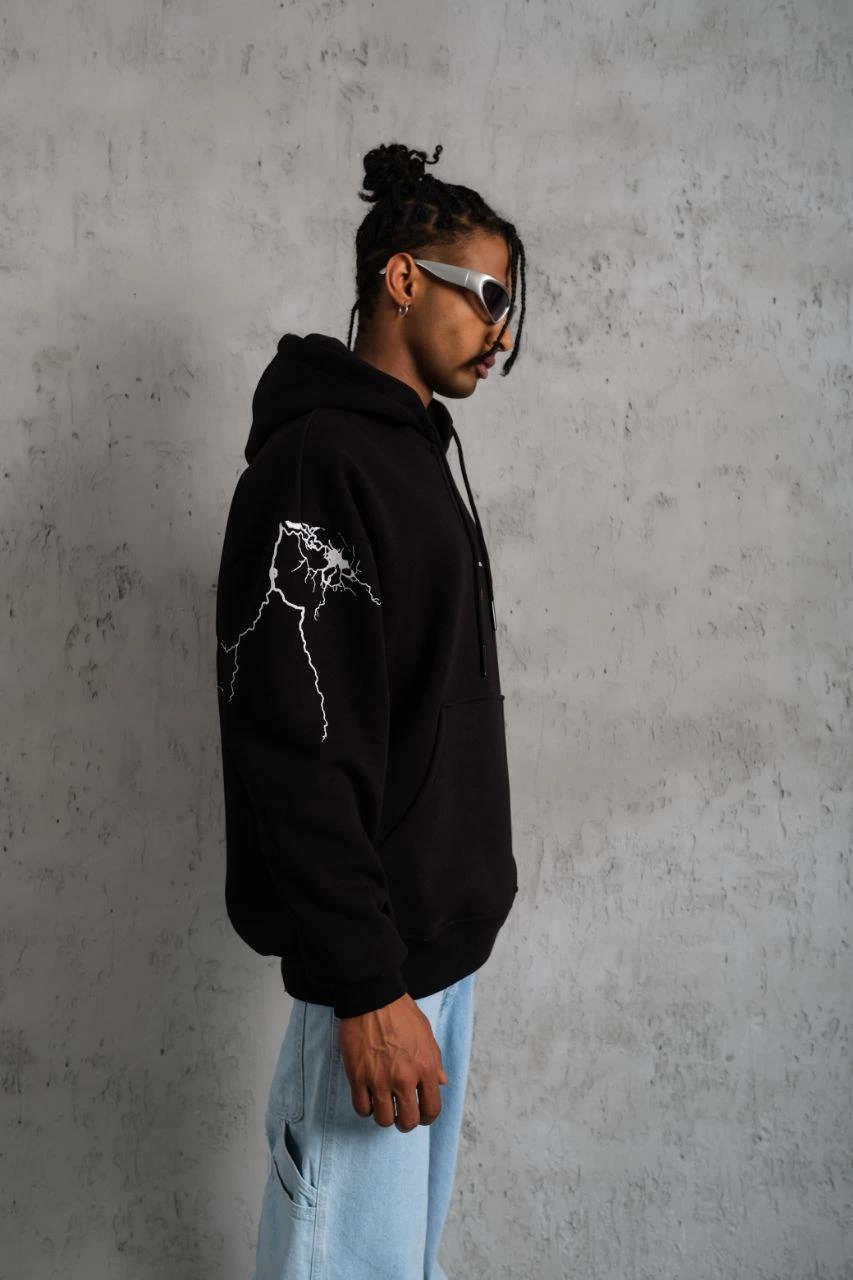 Erkek Oversize Üç İplik Kapüşonlu Sweatshirt Siyah Don t Be Terrified Ön Sırt ve - Siyah