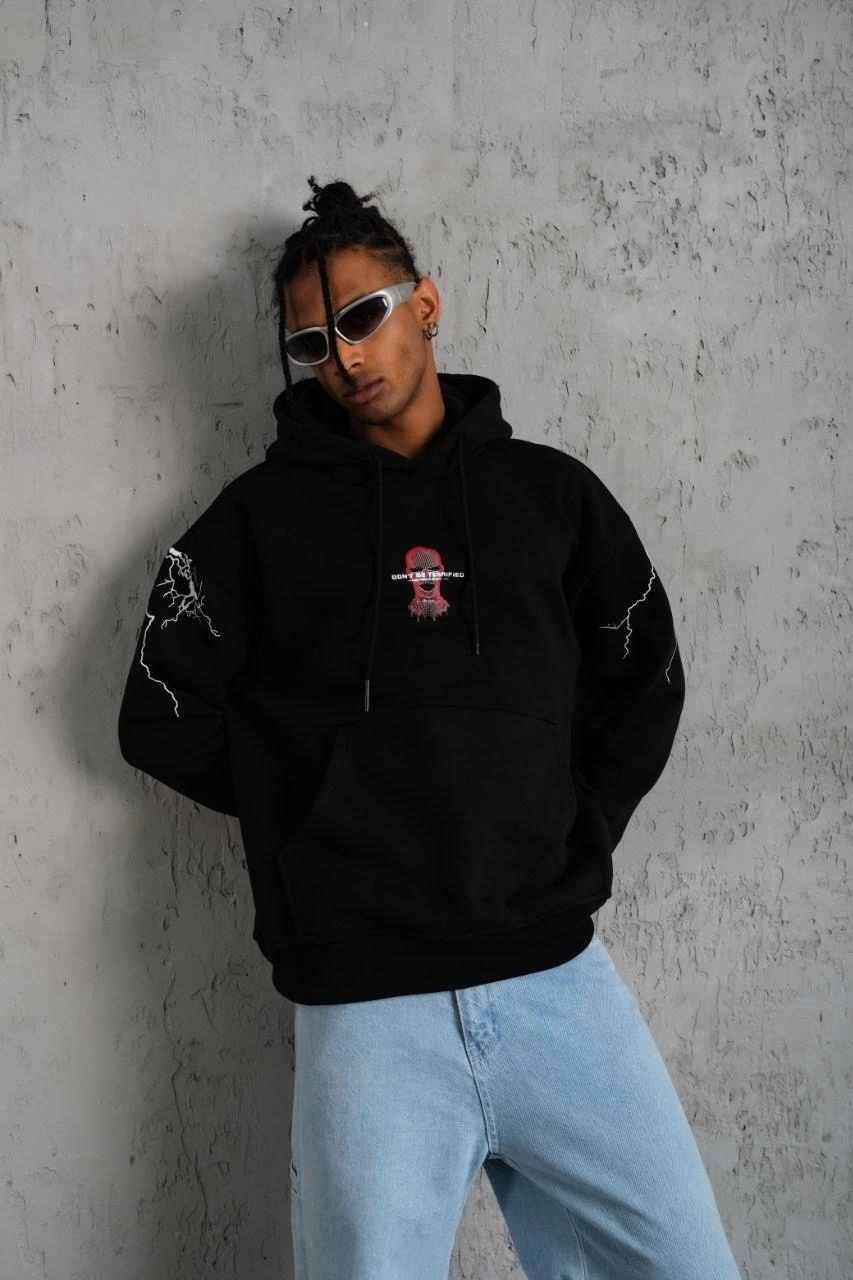 Erkek Oversize Üç İplik Kapüşonlu Sweatshirt Siyah Don t Be Terrified Ön Sırt ve - Siyah